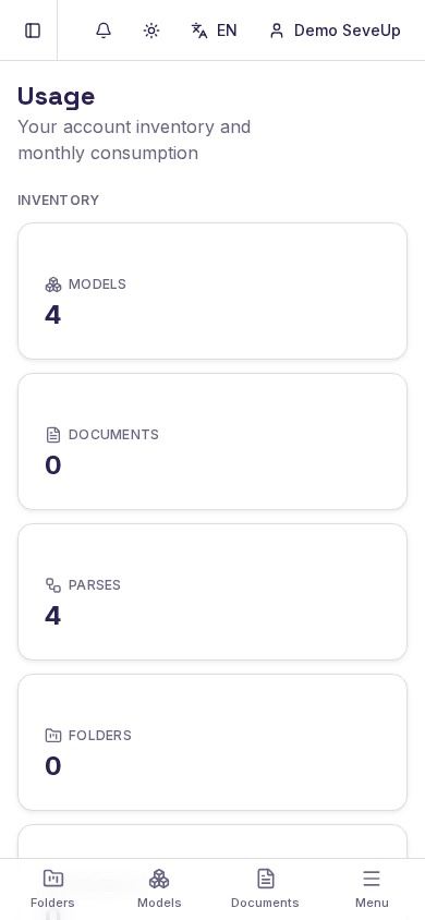 SeveUp App Usage screen showing inventory and monthly consumption
