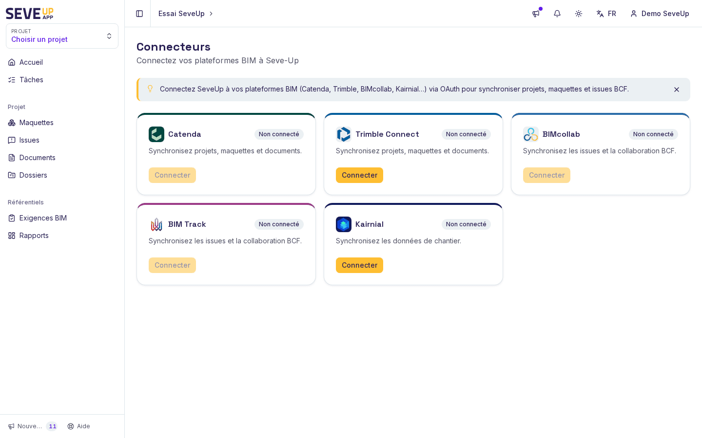 Page Connecteurs de SeveUp App : cartes des plateformes BIM, dont Trimble Connect avec son badge de statut et son bouton Connecter