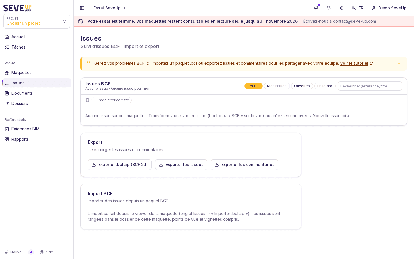 Issues page showing the issue list, filters, counters, and import and export cards