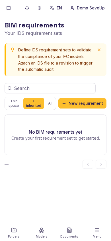 SeveUp App BIM requirements screen before creating a first IDS requirement set