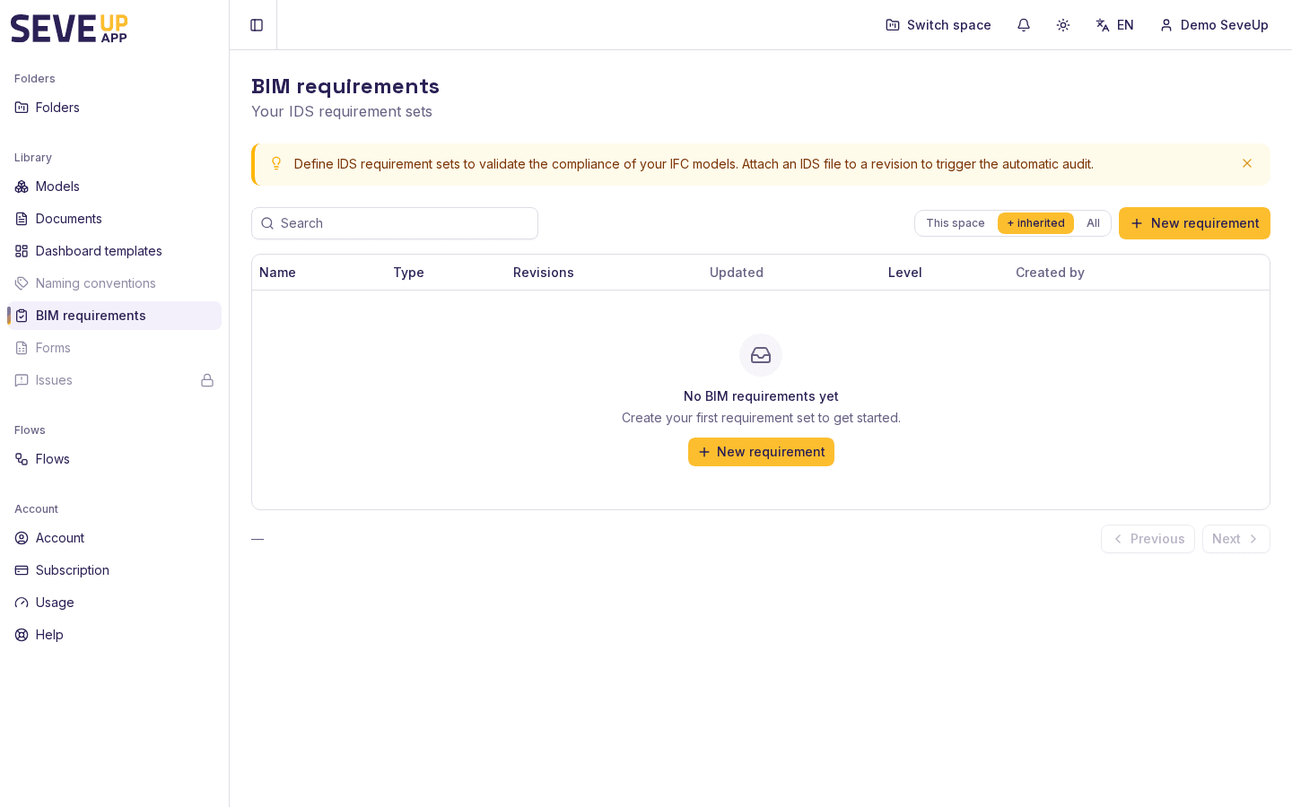 SeveUp App BIM requirements screen before creating a first IDS requirement set