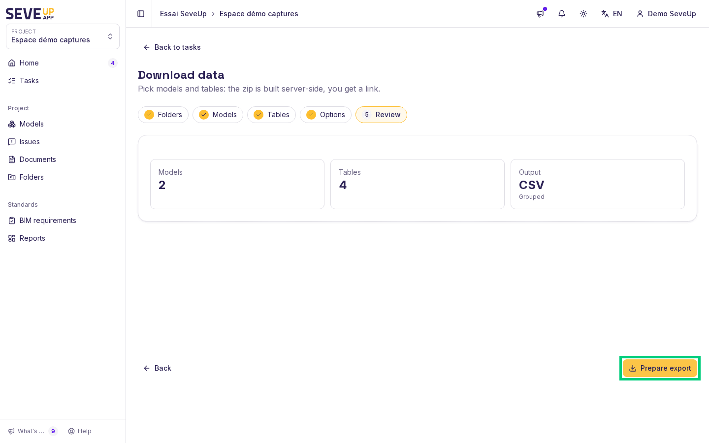 Export review: two models, four tables, grouped CSV output, Prepare export button highlighted