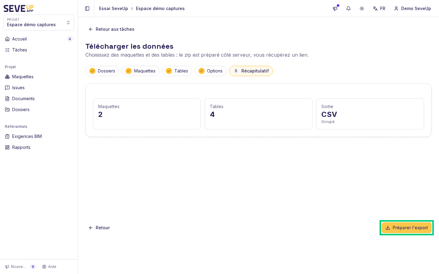 Récapitulatif de l'export : deux maquettes, quatre tables, sortie CSV groupé, bouton « Préparer l'export » encadré
