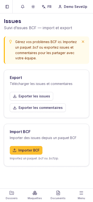 Écran Issues de SeveUp App avec les blocs Export et Import BCF