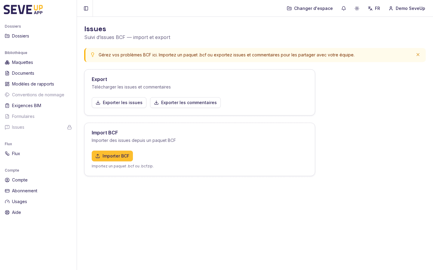 Écran Issues de SeveUp App avec les blocs Export et Import BCF