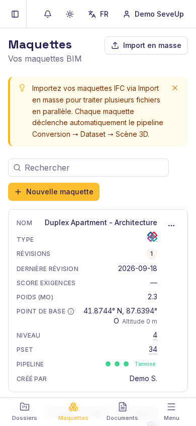 Liste des maquettes IFC importées dans SeveUp App, avec poids et pipeline de traitement