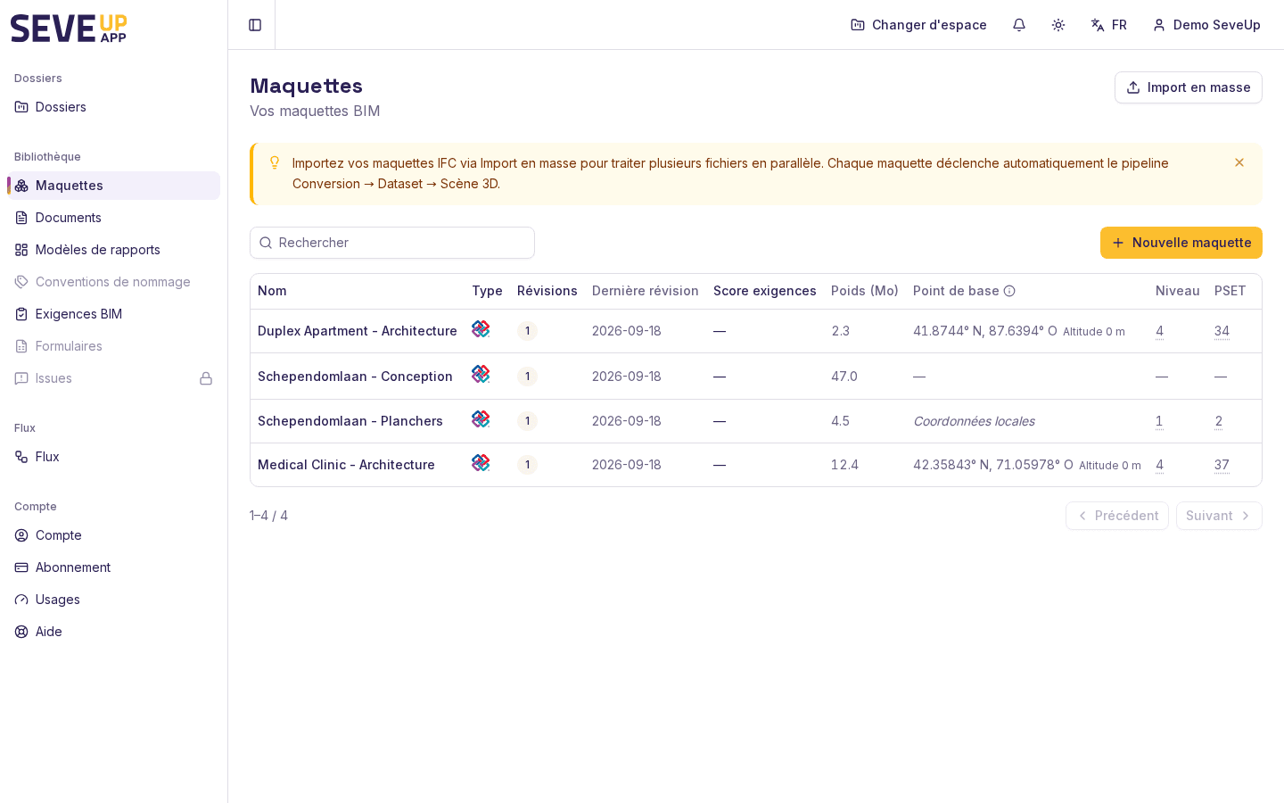Liste des maquettes IFC importées dans SeveUp App, avec poids et pipeline de traitement