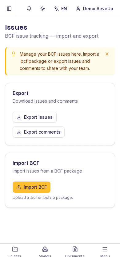 SeveUp App Issues screen with Export and Import BCF blocks
