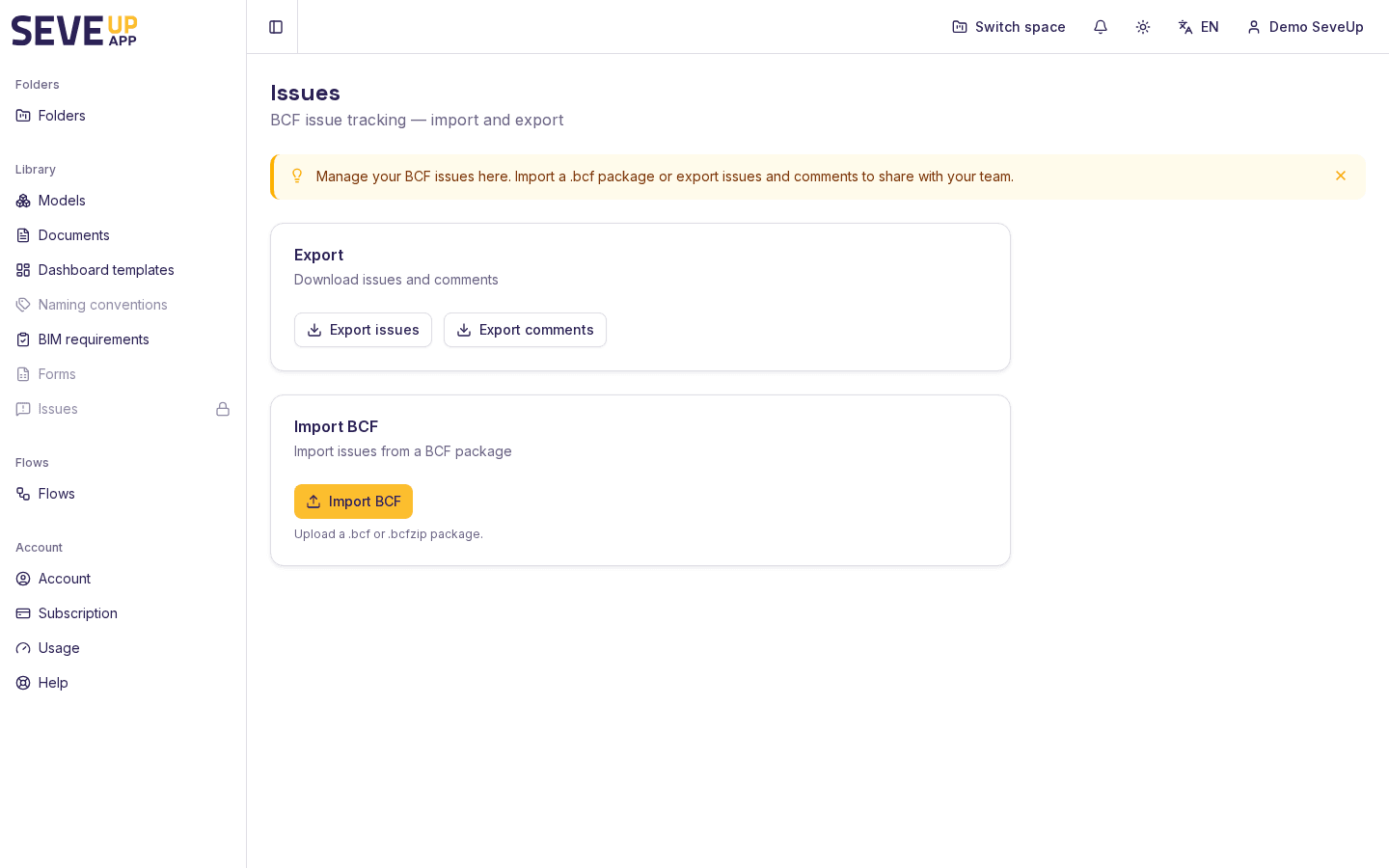 SeveUp App Issues screen with Export and Import BCF blocks