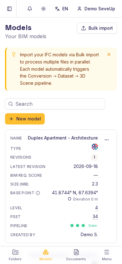 List of IFC models imported into SeveUp App, with size and processing pipeline