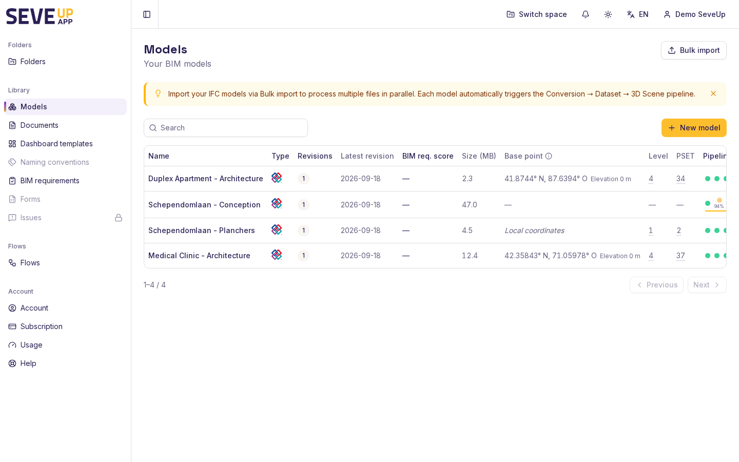 List of IFC models imported into SeveUp App, with size and processing pipeline