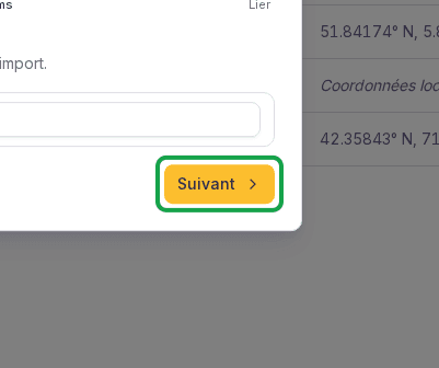 Étape Noms du dialogue d'import en masse, bouton Suivant encadré