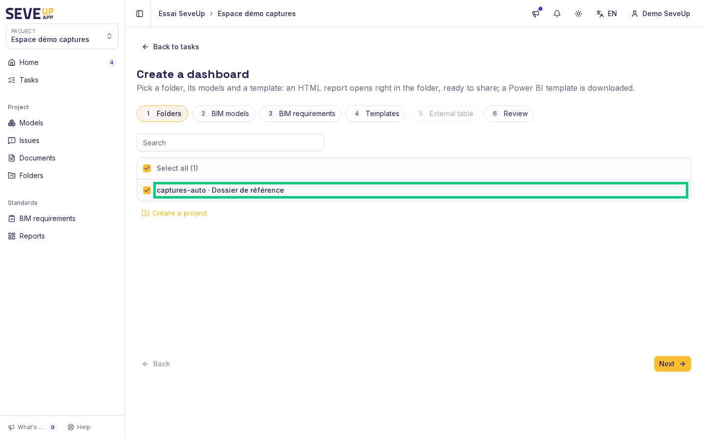 First step of the Create a dashboard wizard: picking Folders