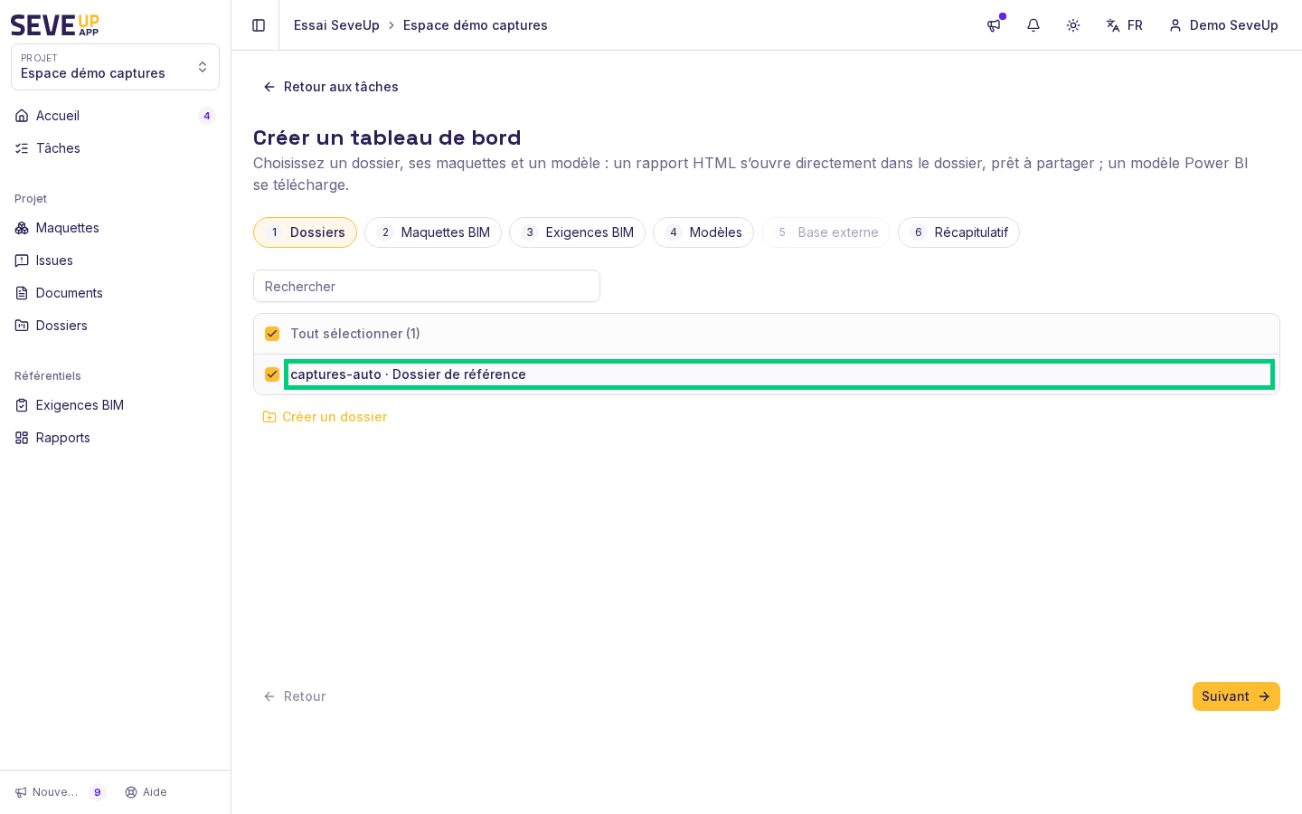 Première étape de l'assistant « Créer un tableau de bord » : choix des Dossiers