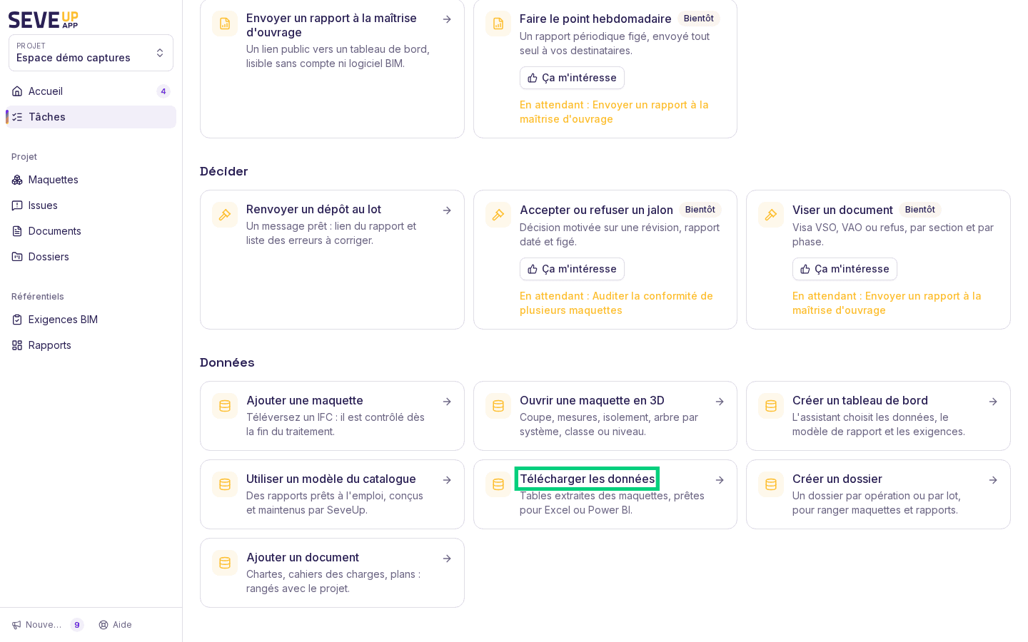 Page Tâches, section Données, avec les cartes « Créer un tableau de bord » et « Télécharger les données »