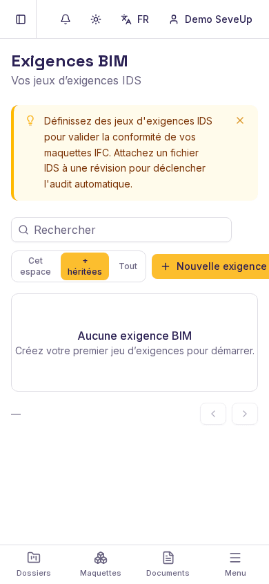 Écran Exigences BIM de SeveUp App avant création d'un premier jeu d'exigences IDS