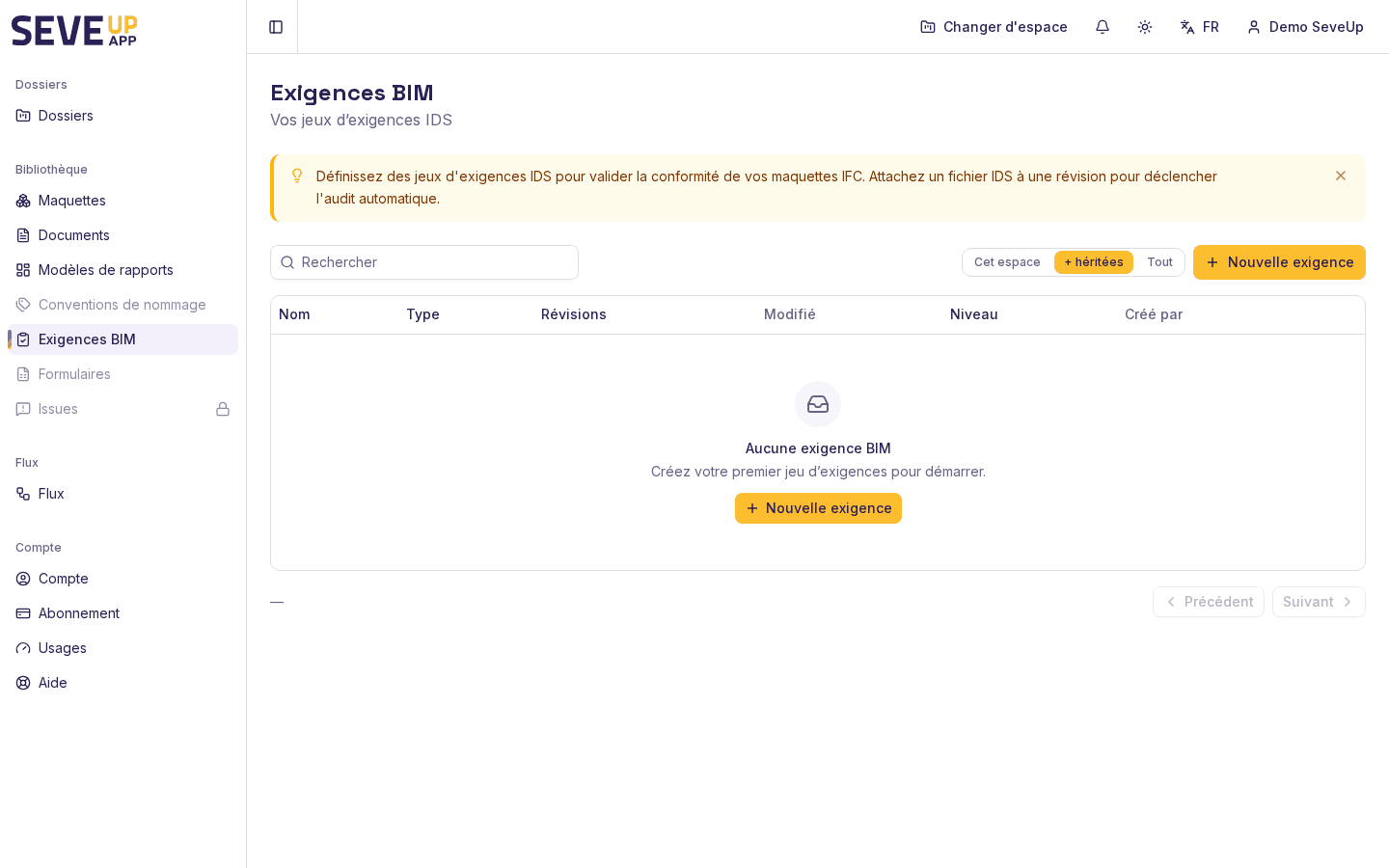 Écran Exigences BIM de SeveUp App avant création d'un premier jeu d'exigences IDS