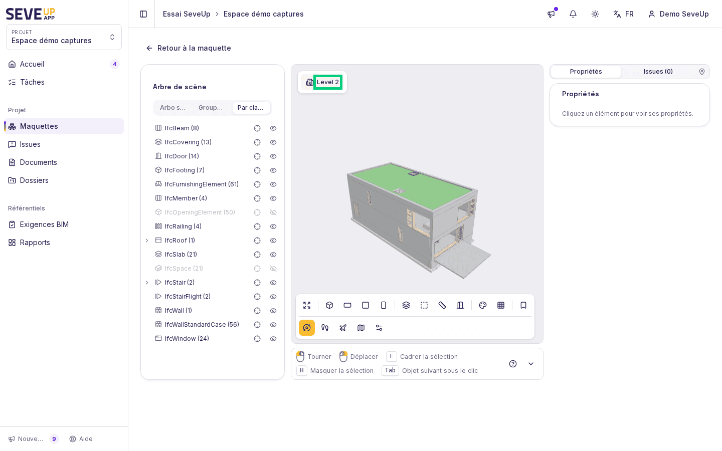 Visionneuse 3D d'une maquette : arbre de scène à gauche, scène au centre, barre d'outils sous la scène, sélecteur d'étage encadré