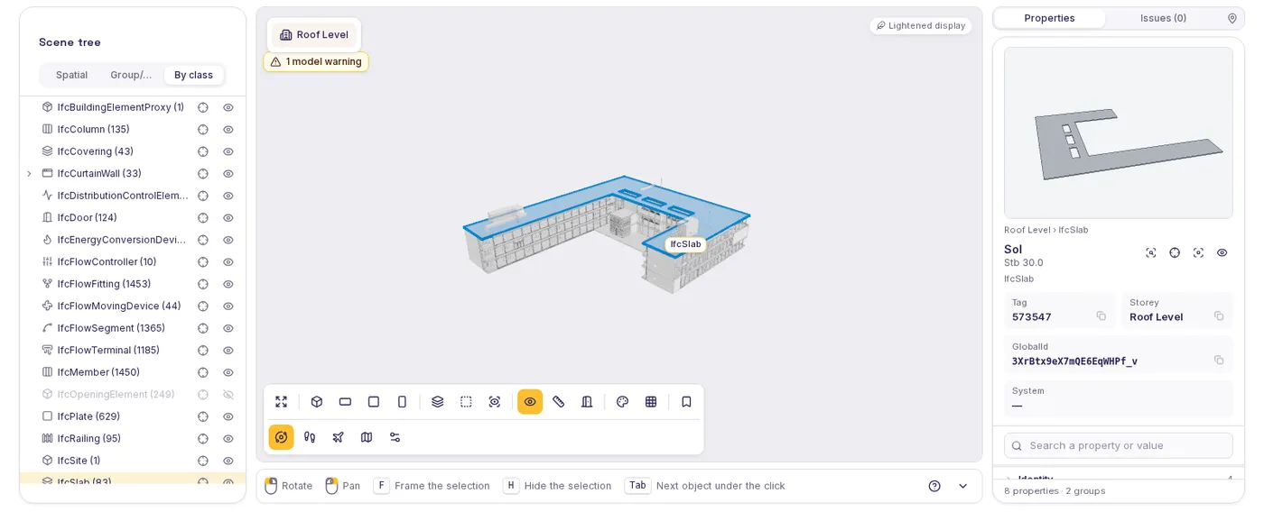 SeveUp App 3D viewer: scene tree on the left, a building model in the center, properties of the selected element on the right.