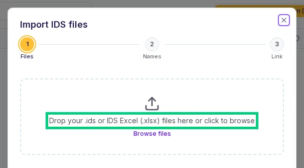 SeveUp App "Import IDS files" dialog, with the Files, Names and Link steps and the drop zone for .ids or .xlsx files