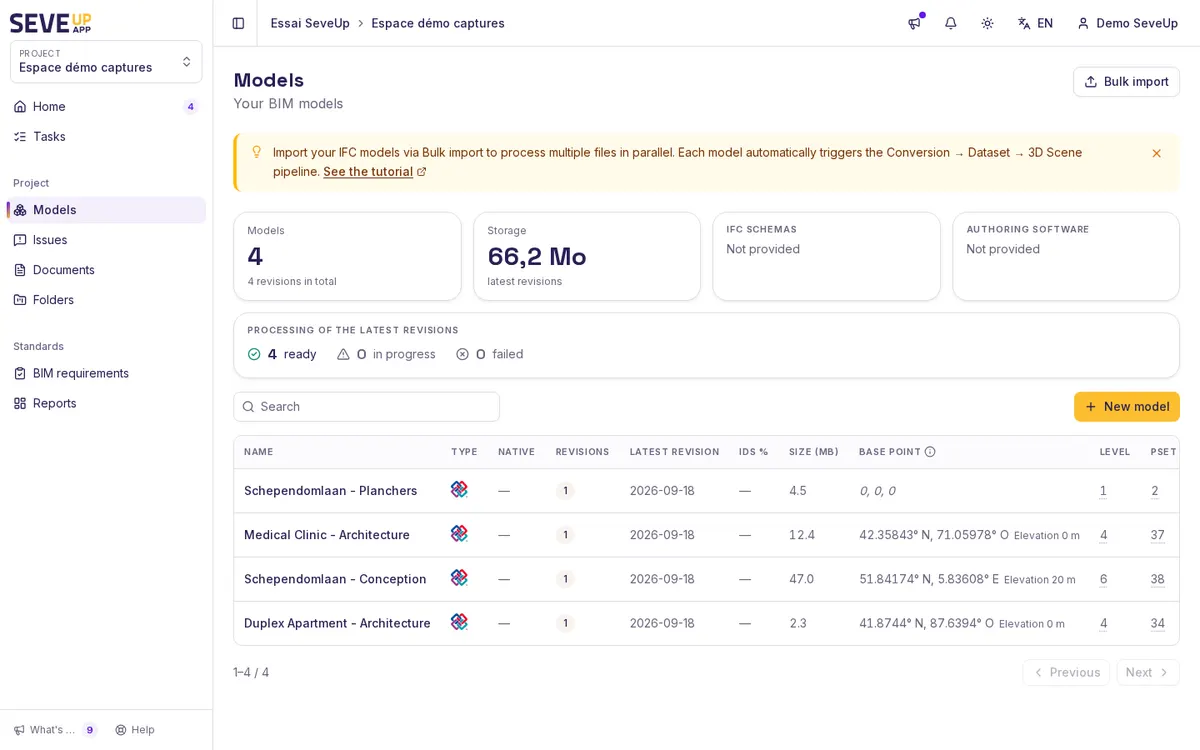 SeveUp App "Models" page: summary of the number of models, storage and processing of the latest revisions, then the list of models with their revisions, size and base point