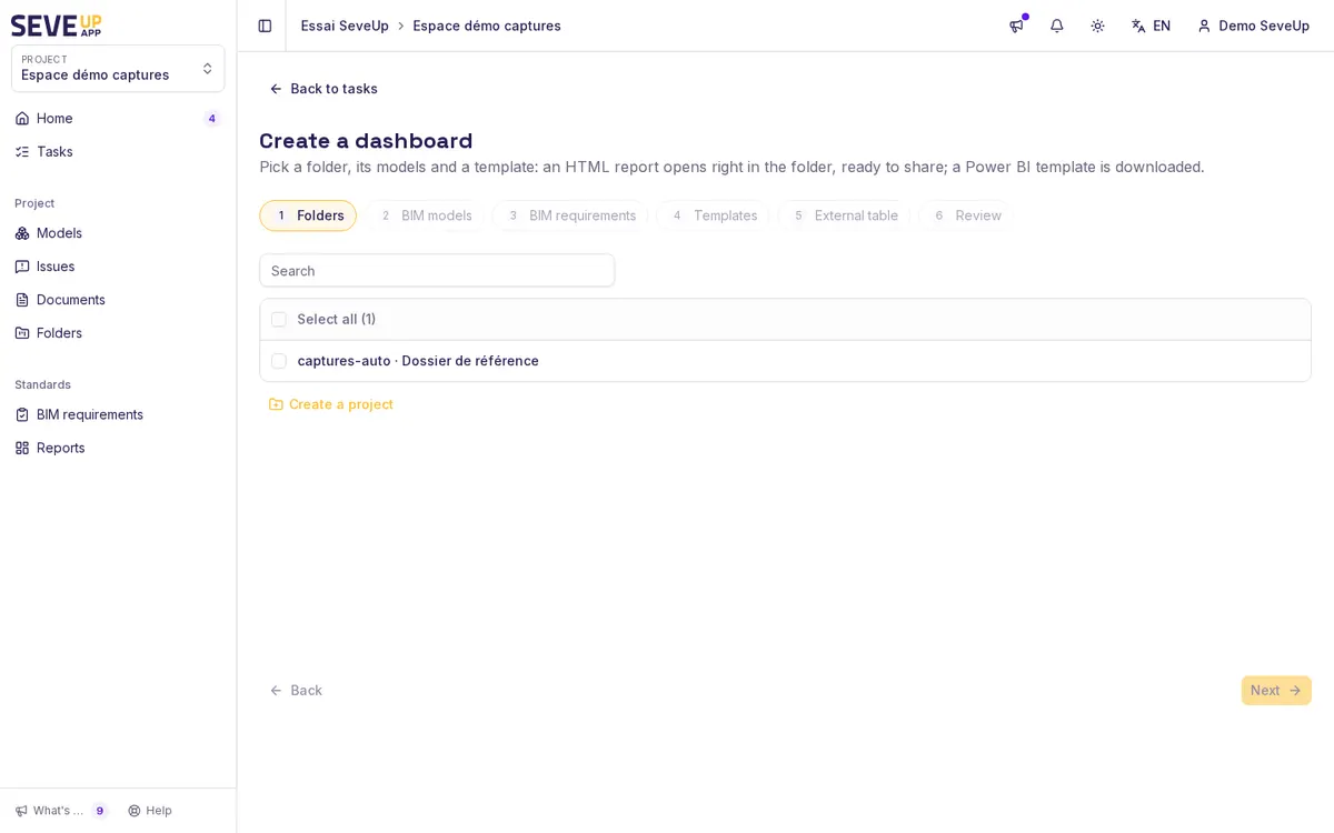 SeveUp App "Create a dashboard" wizard on the "Folders" step, showing the six steps from "Folders" to "Review"