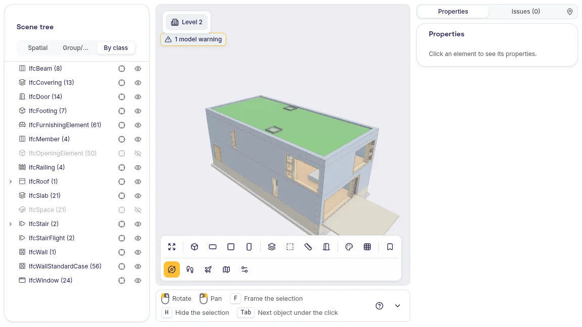 SeveUp App 3D viewer: the whole Duplex Apartment model in isometric view, scene tree by IFC class on the left, Properties panel on the right