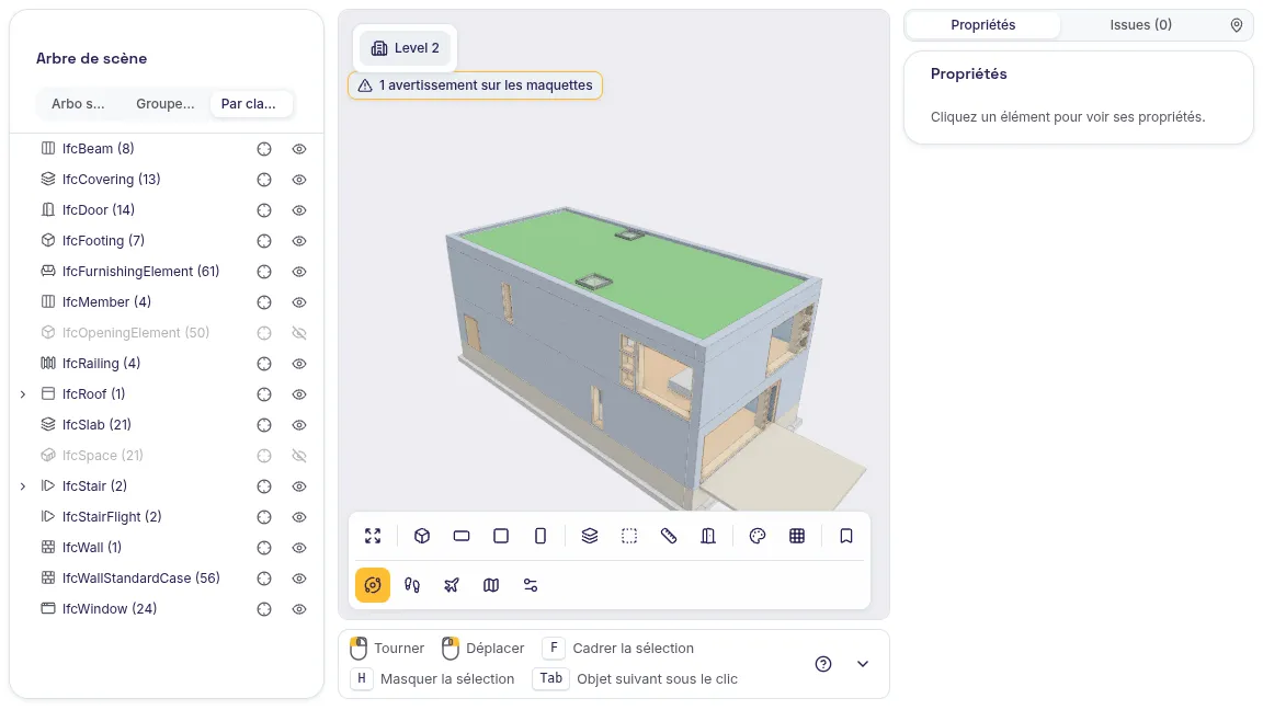 Visionneuse 3D de SeveUp App : maquette Duplex Apartment entière en vue isométrique, arbre de scène par classe IFC à gauche, panneau Propriétés à droite