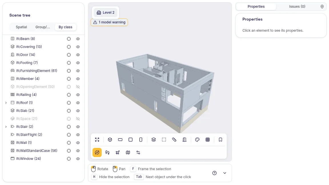 SeveUp App 3D viewer: only the IfcWallStandardCase walls of the Duplex Apartment model are shown, interior partitions visible