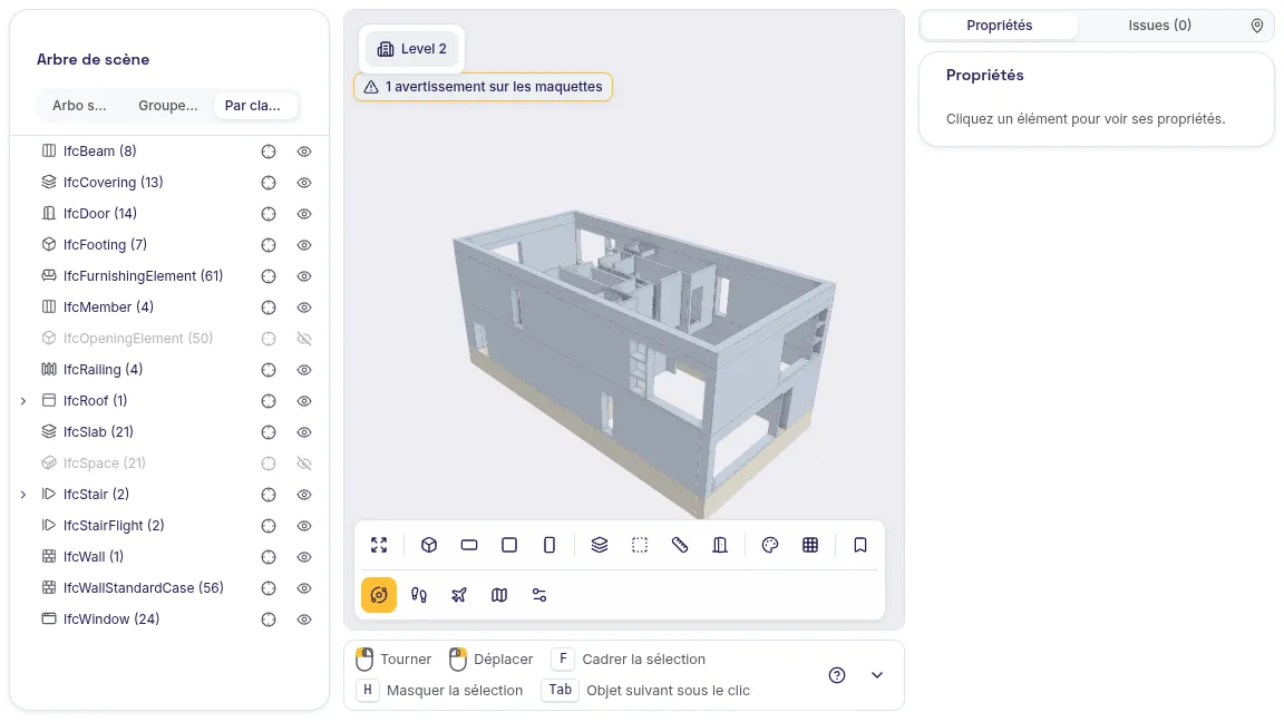 Visionneuse 3D de SeveUp App : seuls les murs IfcWallStandardCase de la maquette Duplex Apartment sont affichés, cloisons intérieures visibles