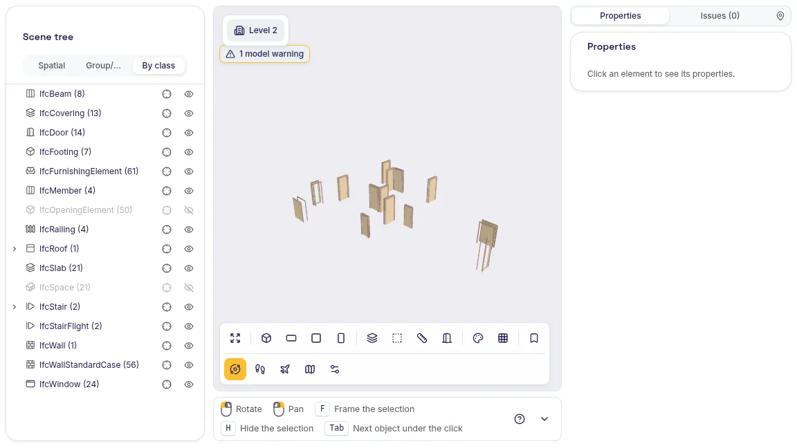 SeveUp App 3D viewer: only the 14 IfcDoor doors of the Duplex Apartment model are shown