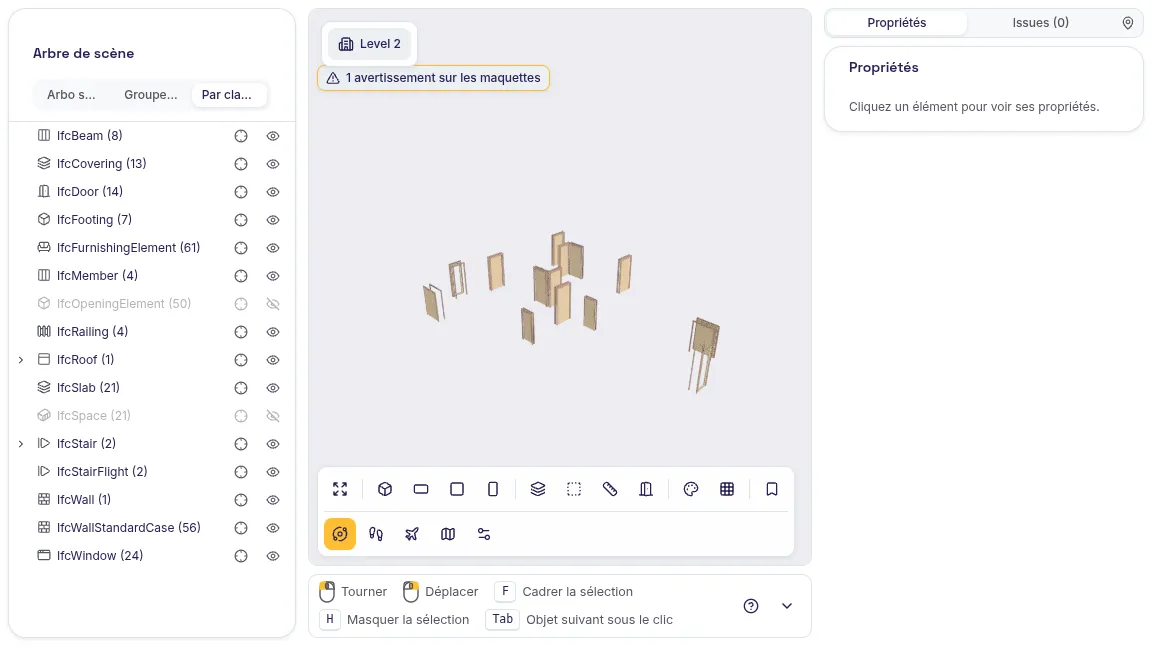 Visionneuse 3D de SeveUp App : seules les 14 portes IfcDoor de la maquette Duplex Apartment sont affichées