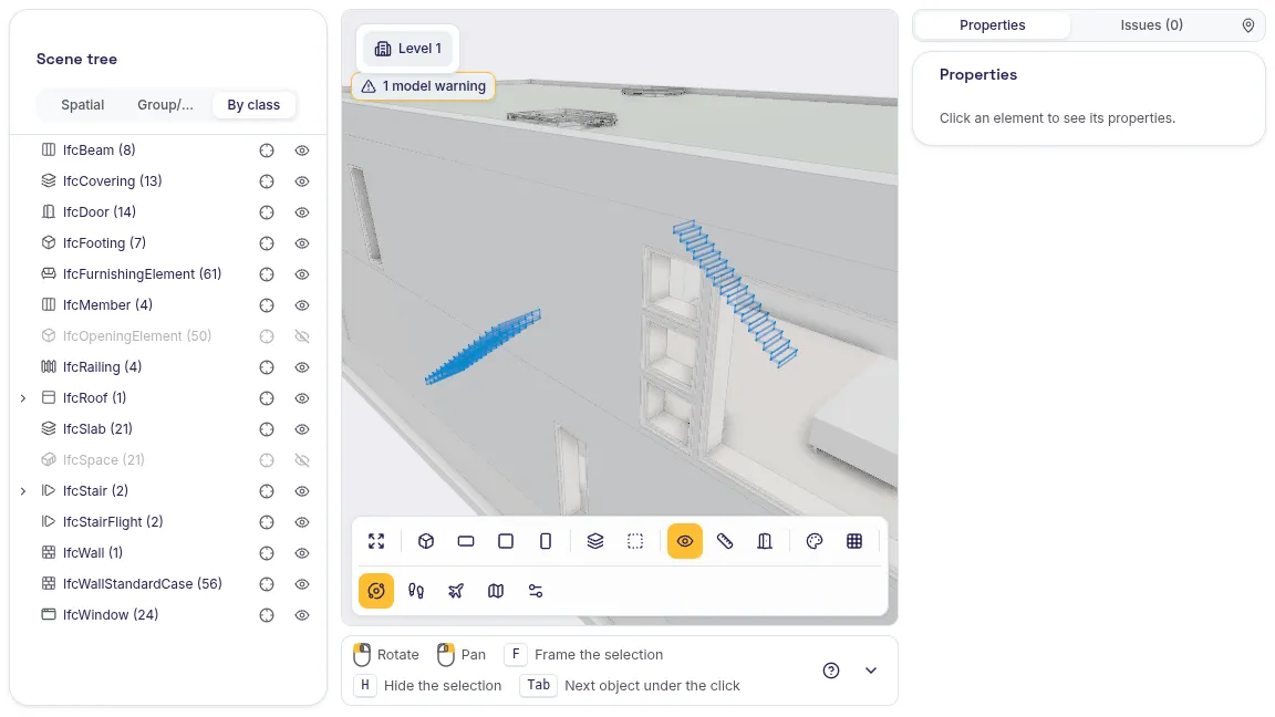 SeveUp App 3D viewer: the two stair flights of the Duplex Apartment model selected in blue and framed