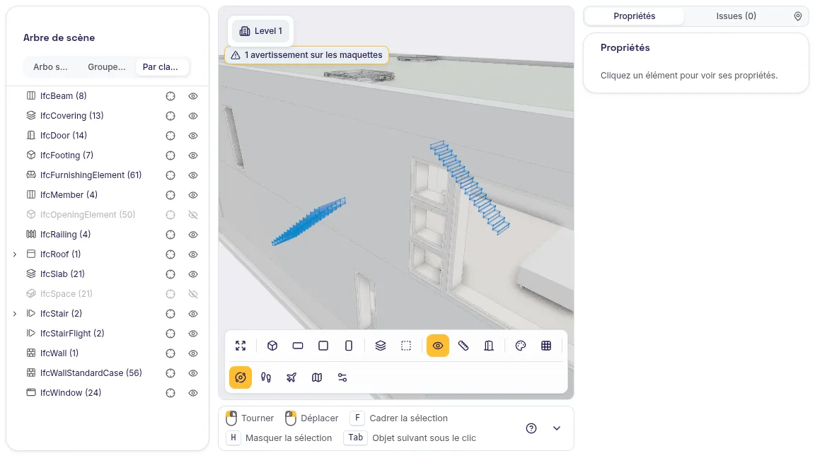 Visionneuse 3D de SeveUp App : les deux volées d'escalier de la maquette Duplex Apartment sélectionnées en bleu et cadrées